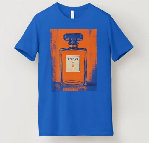 Chanel No. 5 Knicks tee with minimalist bottle design on blue background inspired by classic French perfume branding.