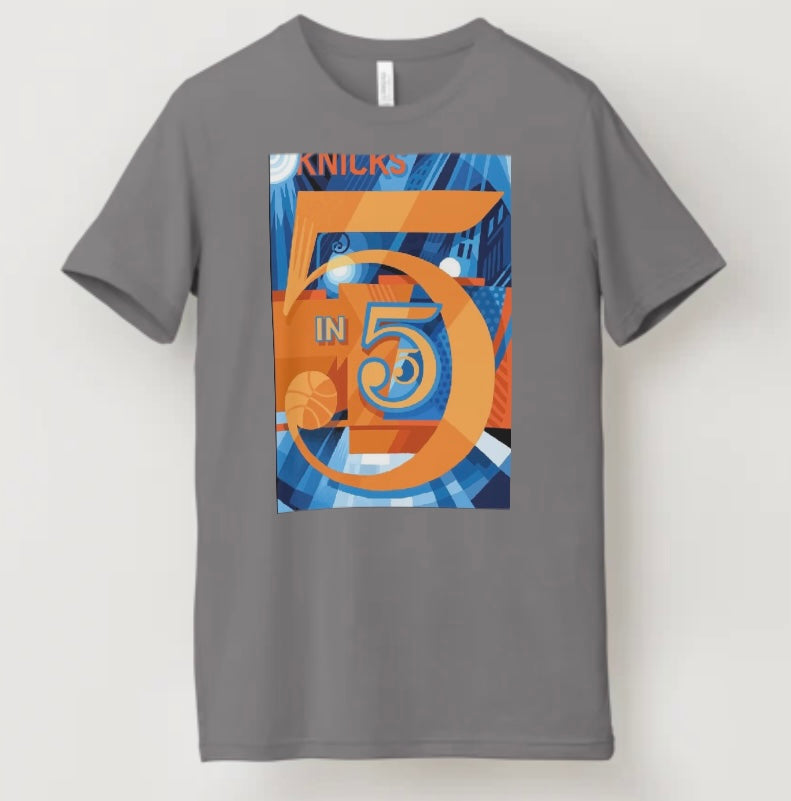 Jasper Johns inspired Knicks numbers tee with abstract number typography on gray background