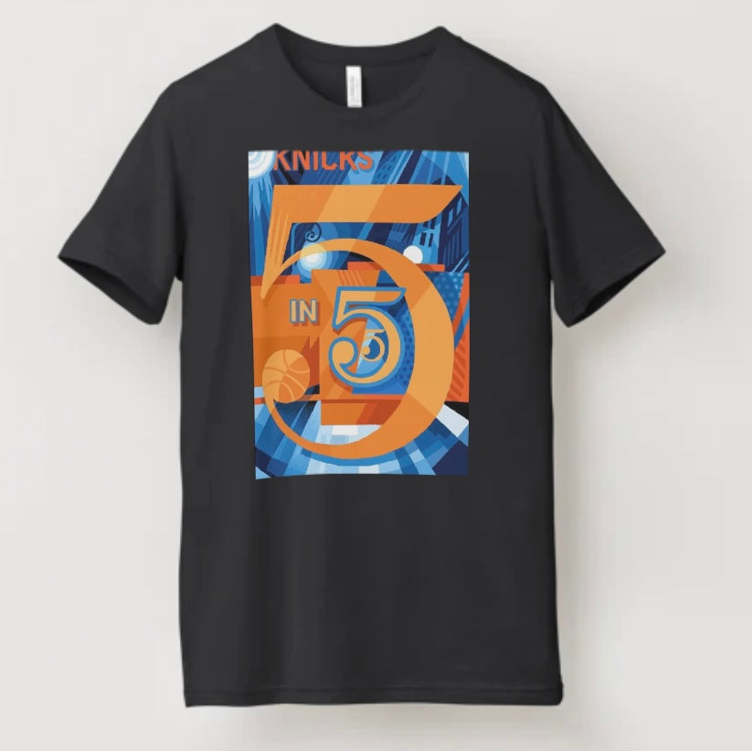 Jasper Johns inspired Knicks numbers tee with abstract number typography on black background