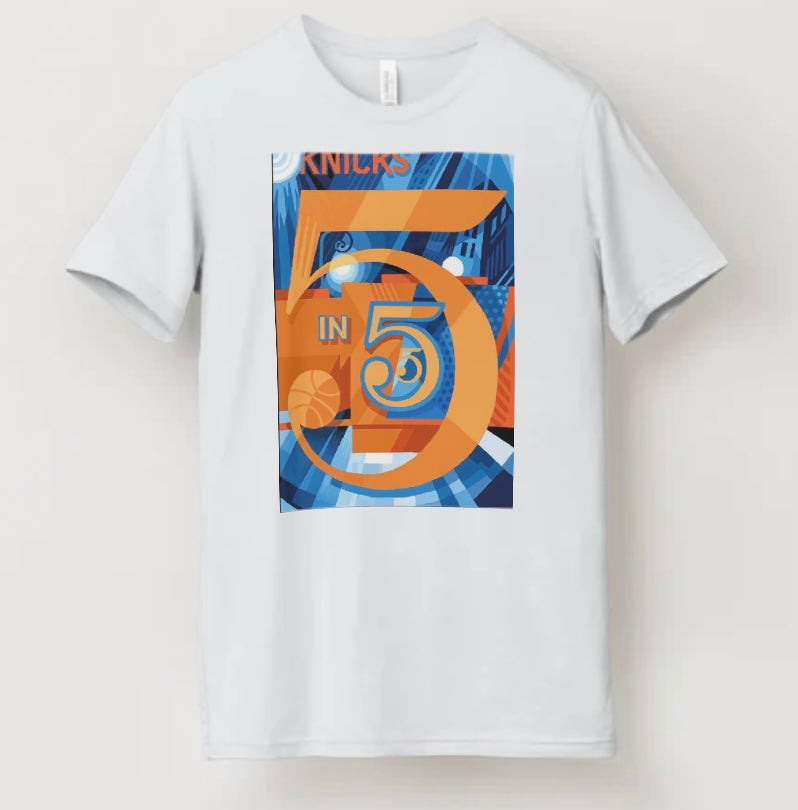Jasper Johns inspired Knicks tee with abstract number typography on white background