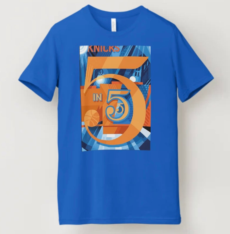 Jasper Johns inspired Knicks numbers tee with abstract number typography on blue background
